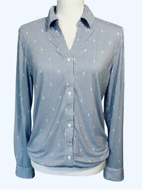 Buttercloth Icy Bamboo Pre-Tucked Fit Blue and White Stripe Long Sleeve Shirt MD